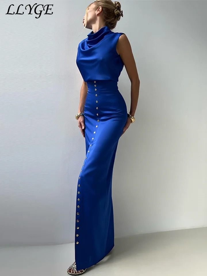 Elegant Crop Top Skirt Set Women Turtleneck Sleeveless Vest High Waist Button Long Skirts 2025 Spring Lady Satin Solid Outfits 250320