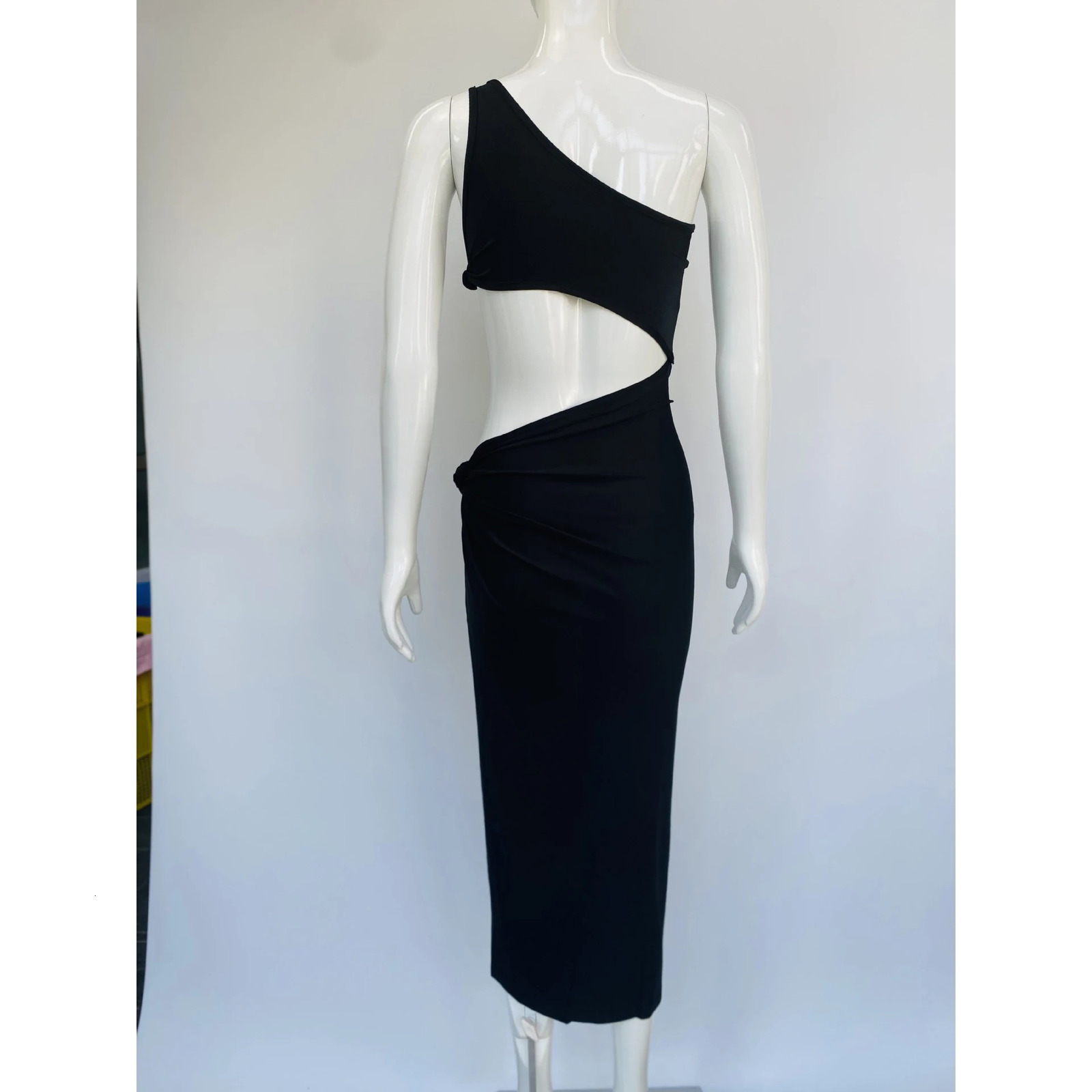 Womens Sleeveless One Shoulder Solid Cut Off Holes Bodycon Split Sexy Nightclub Party Dress 250320