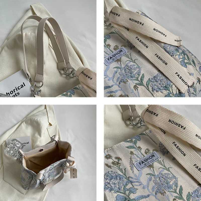 2023 Large Capacity Handbag Canvas Top Handle Womens Fashion Embroidered Flower Womens Shoulder Bag Leisure Commuter Bag Y250320