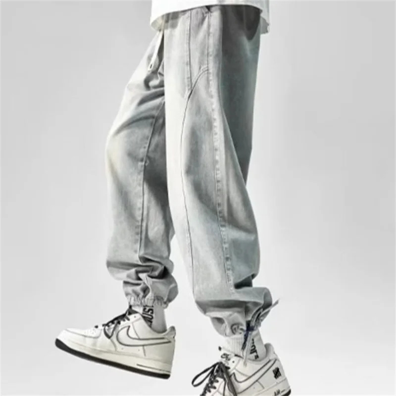 Autumn High Street Straight Wide-Leg Jeans For Men Hip Hop Fashion Drawstring Baggy Denim Pants Y2K Vintage Casual Blue Jean 250320