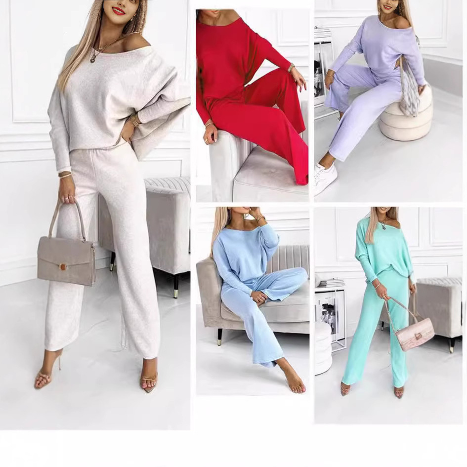 Autumn Womens Solid Color Fashion Casual Slant Shoulder Sports Pants Long Set for Women 240325