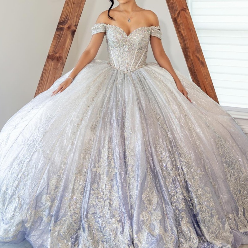 Luxury Silvery Shiny Sweetheart Quinceanera Dresses Off The Shoulder Applique Lace Beads Tulle Vestidos De 15 Anos Sweet 16 Dress