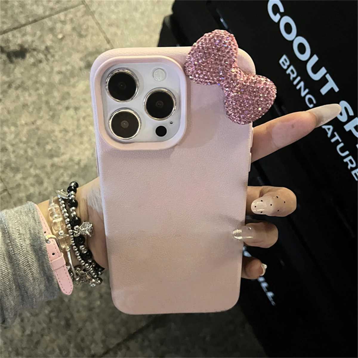 Luxury rhinestone bow Litchi pattern leather phone case suitable for 16 15 14 13 11 Pro Max cute bow shock resistant soft phone caseXJ250321