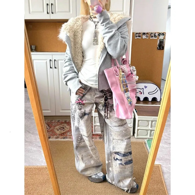 High Street Hip Hop Ripped Lace Metal Texture Printed Womens Jeans American Spring Girls Sliding Wide Legs Pants 250314