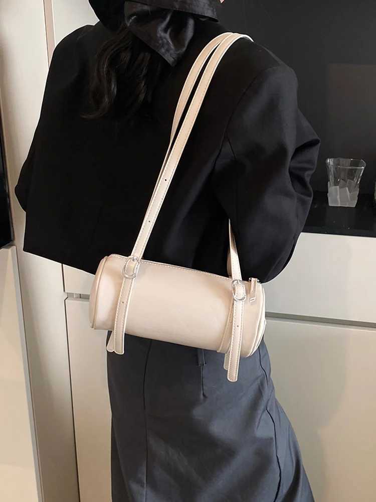 Womens PU shoulder bag cylindrical handbag zipper fashionable armrest bag adjustable shoulder strap fashionable handbag Y250320