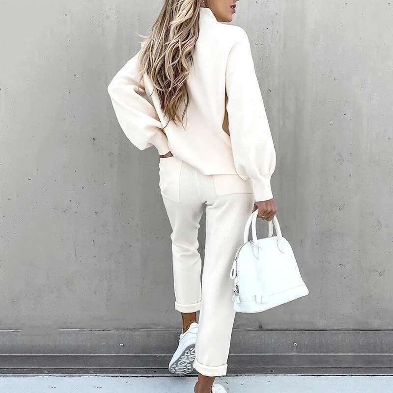 Mia Muse Women's Winter Daily Basic Solid Color Long Sleeve Stand Collar Drawstring Natural Waist Ankle Casual Sets