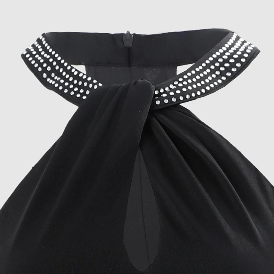 Womens Sexy Slim Wrap Dress Summer Fashion Halter Diamond Temperament Zip Sleeveless High Slit Banquet Party 250320