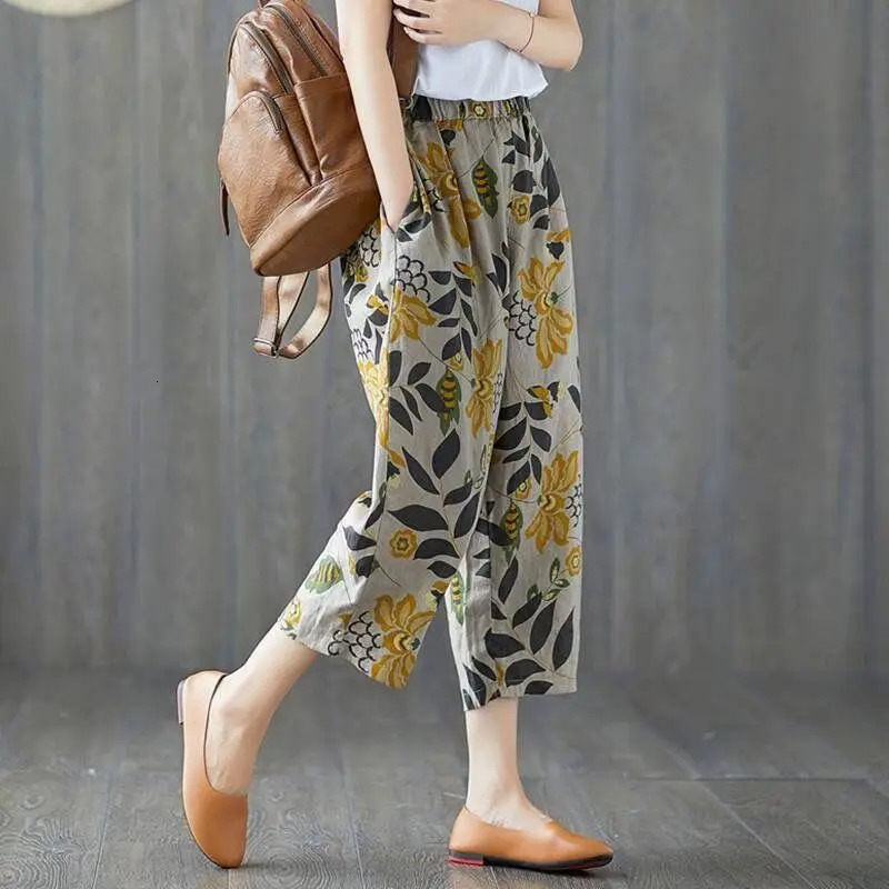Summer harem pants for women retro fashion printed loose cotton linen casual wide leg 250320