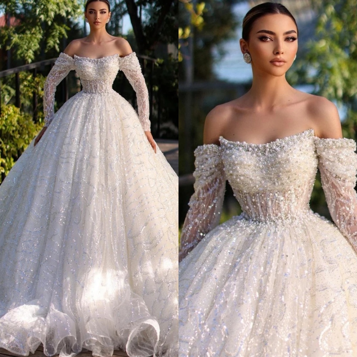 Gorgeous Women Wedding Off Shoulder Long Sleeves Bridal Gowns Pearls Sequins Sweep Train Dress Custom Made