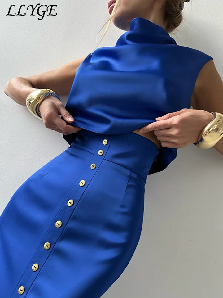 Elegant Crop Top Skirt Set Women Turtleneck Sleeveless Vest High Waist Button Long Skirts 2025 Spring Lady Satin Solid Outfits 250320