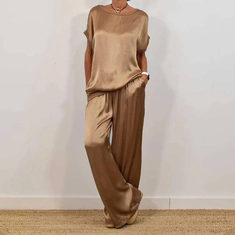 Summer Satin Two Piece Set For Women V Neck Bat Sleeve Top Casual Loose Lace Up Wide-leg Pants 2 Piece Suit Home Outfits Women 250320