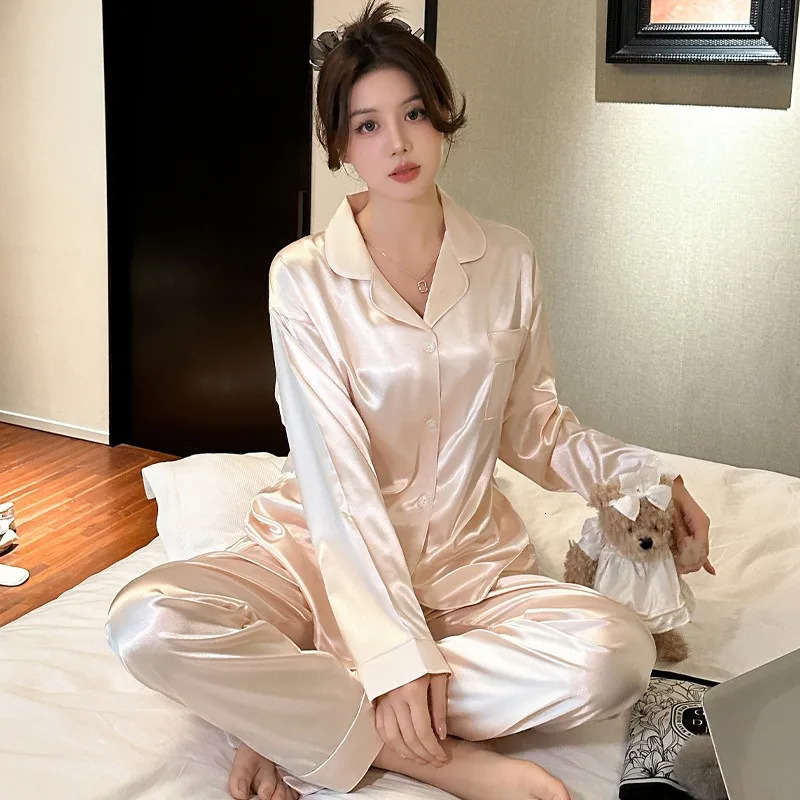 2Pcs/set plus size ladies pyjamas set ice silk student home wear cardigan lapel long sleeve long trousers girls womens clothes 250320