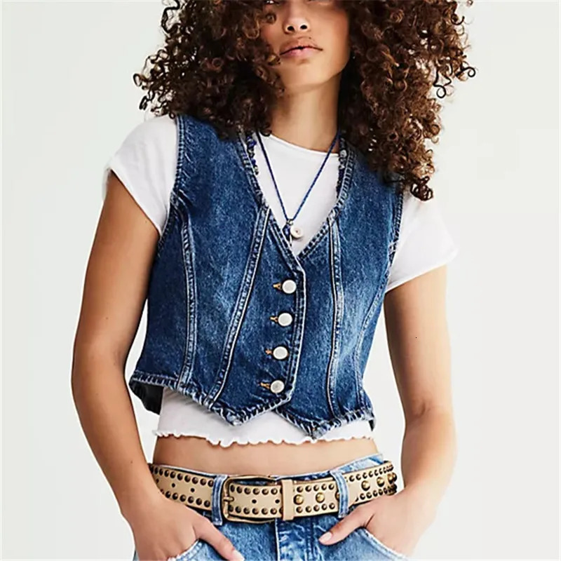 Imcute Women Vintage Y2K Denim Vest Sexy V Neck Button Down Cropped Jean Corset Sleeveless Waistcoat Tank Top Streetwear 250320