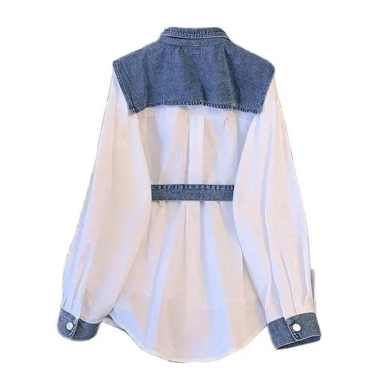 Womens denim shirt spring/summer long sleeved warm patchwork womens top two-piece loose womens shirt 250317