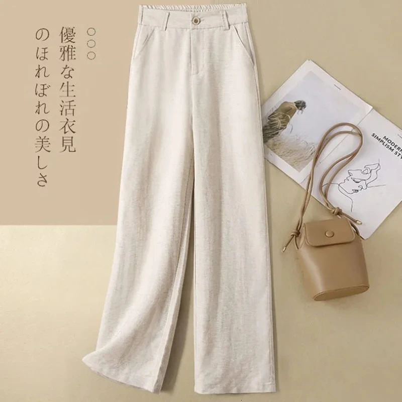 Summer Baggy Cotton Linen Pants Women Elegant High Waist White Wide Leg Pants Woman Casual Loose Straight Streetwear Bottom 250320