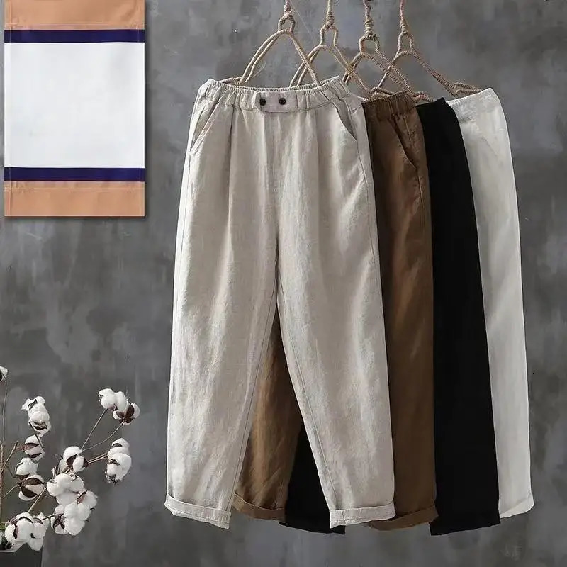Womens loose casual harem pants for spring and summer simple wide leg women cotton linen Trouser 250320