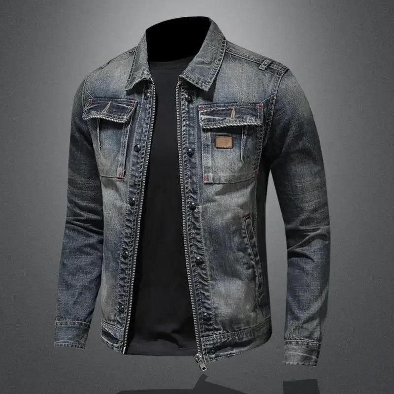 Mens Retro Classic Denim Jacket Autumn Street Trend Handsome Riding Windproof Mens Clothing High Street Casual Lapel Jacket 250319