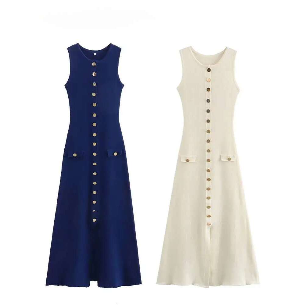 Women Elegant Solid Knitted Single Breasted O Neck Sleeveless Dresses With Pockets Slim Midi Dress Office Lady