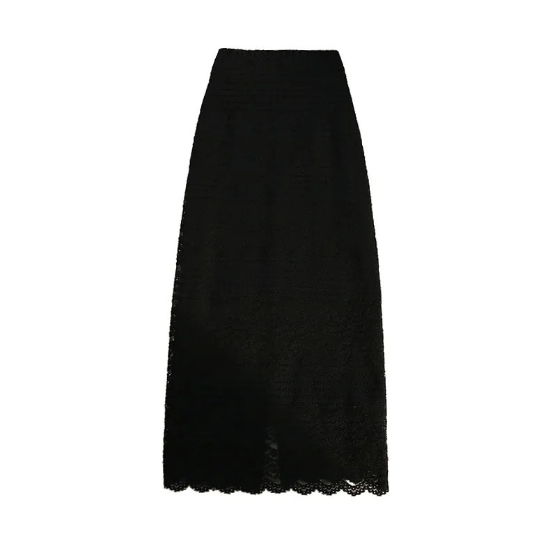 High Waist Lace Crochet Elegant Womens Midi Skirts Female Minimalism Chic Back Split Sheath Wrap Skirts Spring Autumn 250320