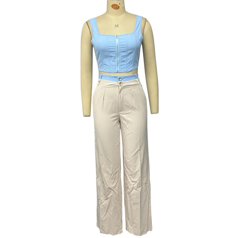 Wefads Womens Summer Set 2 Piece Matching Clothes Solid Sleeveless Square Neck Zipper Backless Tank Top Patchwork Pants Sets 250320