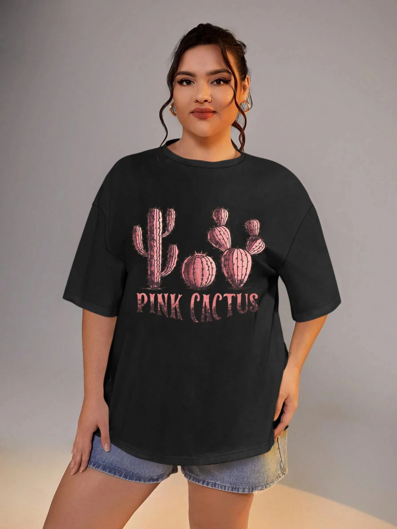 Plus Size Women Clothing Pink Cactus Print Oversize Short Sleeve T-shirt Large Sizes for Fat Women Summer 250320