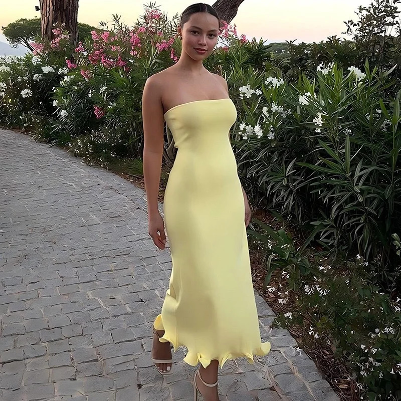 womens strapless slim fit bag long dress with ruffled hem sexy and elegant party night out summer club outfit 250320