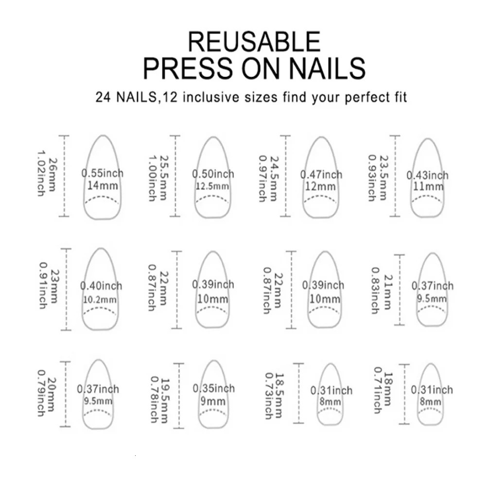 24pcset Medium almond fake nails metallic mirror red black purple blue golden tips faux ongles y2k press on acylic false nail 250319