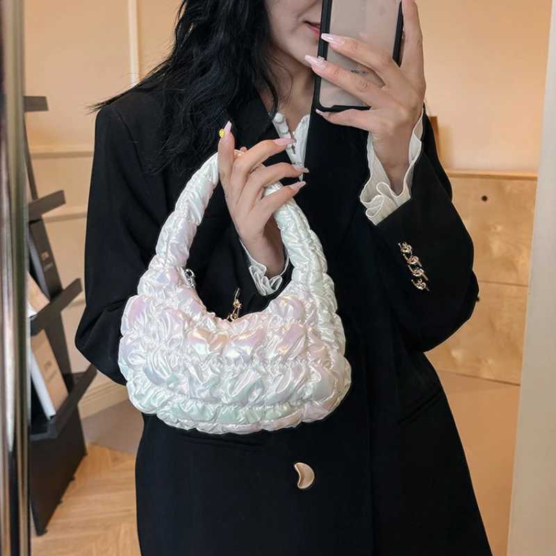 2025 Spring New Korean Temperament Peplum Bag Fashion Premium Feeling Silver Mini Underarm Bag Pleated Clutch Tote Handbag Y250320