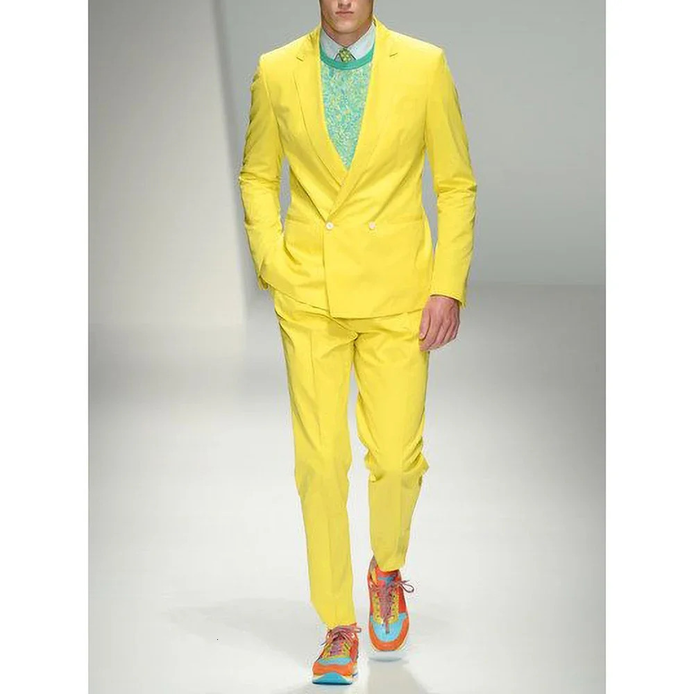Fashion Men Suits Yellow Casual Formal Wedding Slim Fit Notch Lapel Double Breasted Male Blazer Solid Color Suit 2 Piece Set 250311