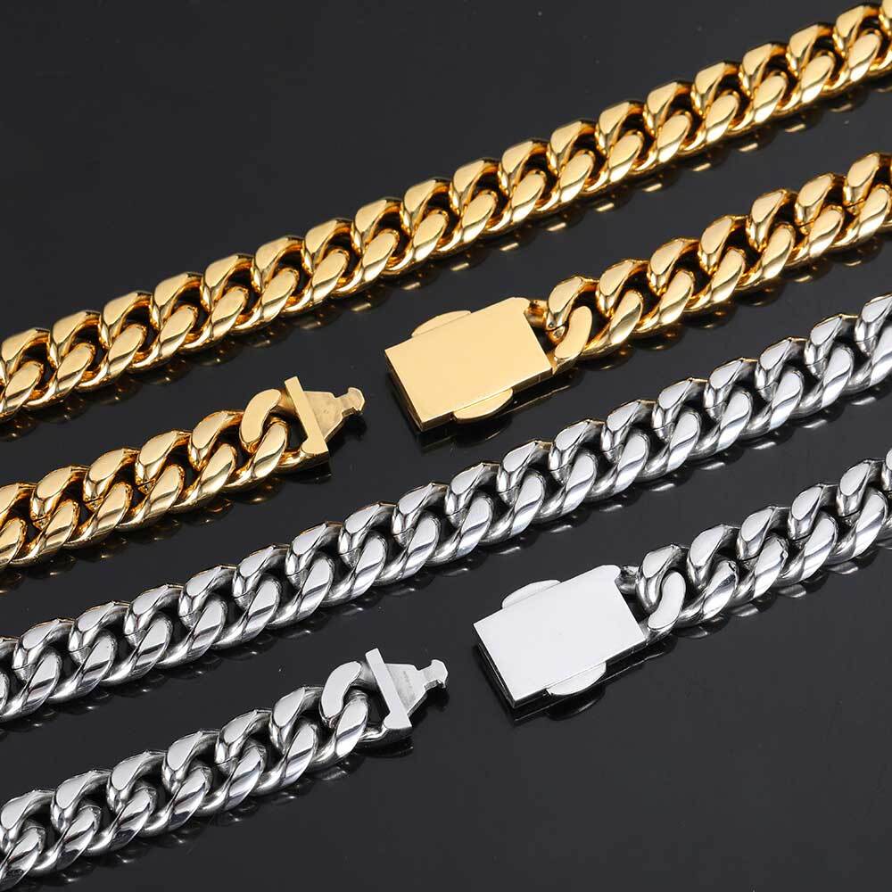 Hip Hop Jewelry 12mm Miami Stainless Steel PVD Cuban Link Necklace Iced Clasp Cuban Link Chain Free Engrave Drop Shipping