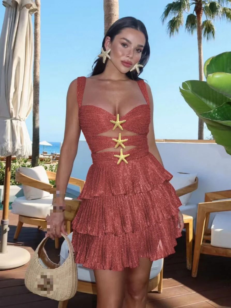 Hollow Out Starfish Sequin Slim Dresses Womens Sleeveless Backless Ruffle Hem Mini Vestidos Fashion Club Party Holiday Dress 250320