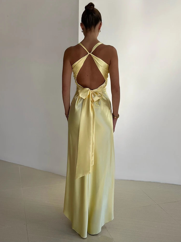 Mozision Satin Bow Backless Sexy Maxi Dress For Women Fashion Gown V Neck Sleeveless Club Party Evening Dress Elegant 250320
