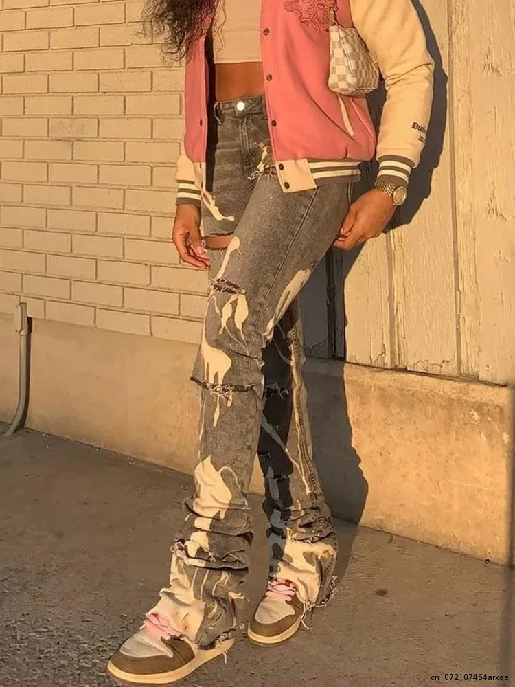 Fashionable cotton hole jeans womens Y2K stacked pants casual chic printed torn denim tight jeans gray elastic slim fit jeans 250317