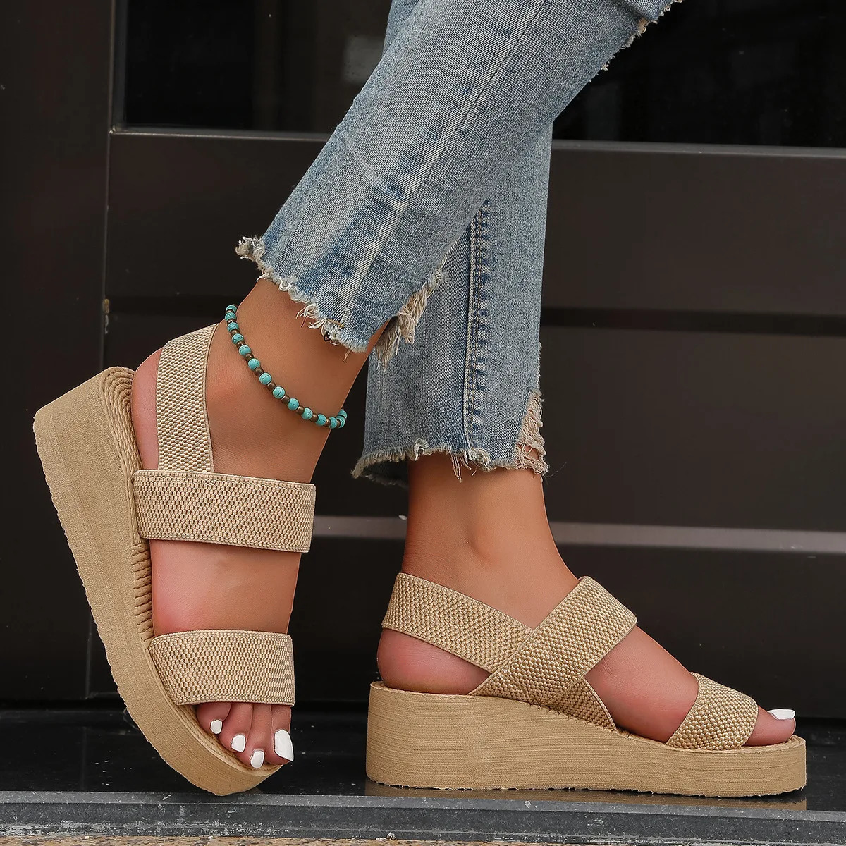 Womens Leisure Wedge Sandals Open Toe Thick Soled Platform Summer Casual Shoes Back Strap Light Weight Ladies Slingback 250321BJ - view 5
