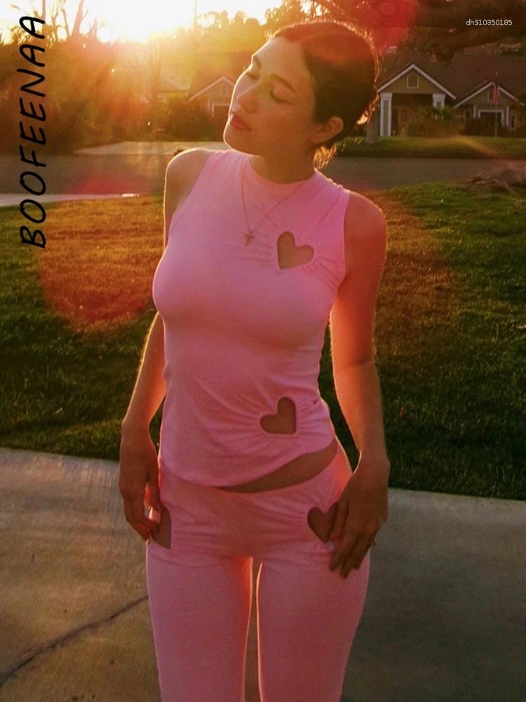 Women's Two Piece Pants BOOFEENAA Hollow Love Sleeveless Set Pink Summer Outfit Trending Woman Clothes Matching Sets C85-DE30