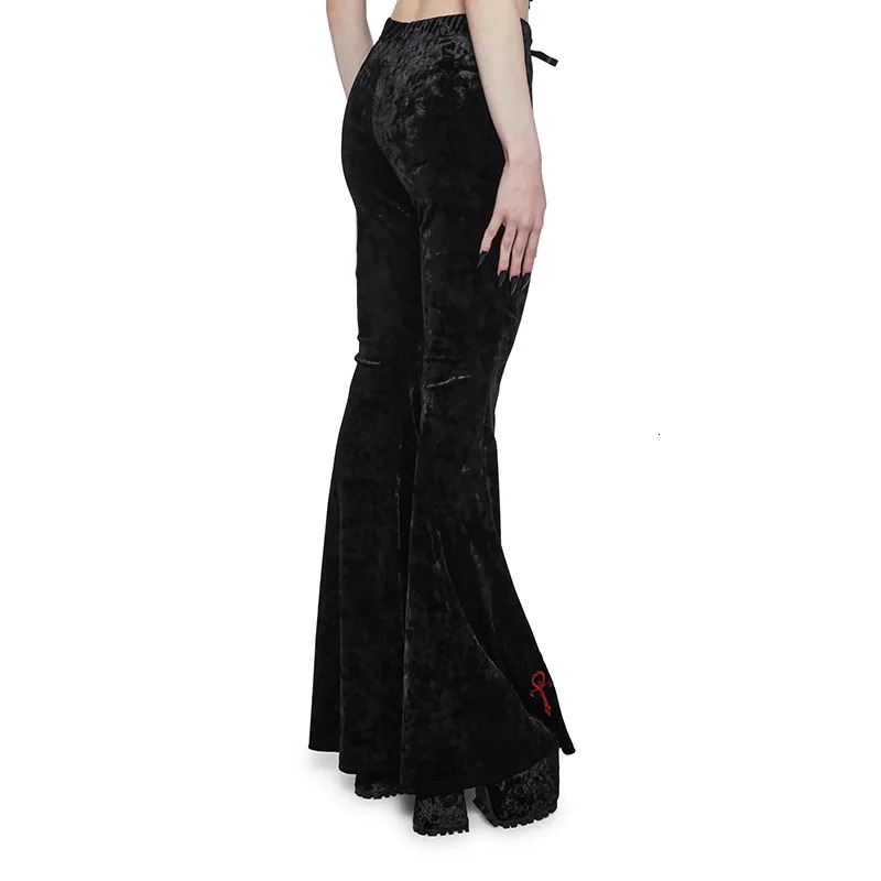 Goth Dark Velvet High Waist Flare Pants Harajuku Fashion Cross Embroidery Soft Long Pant Women Autumn Mall Gothic Slim Trousers 250320