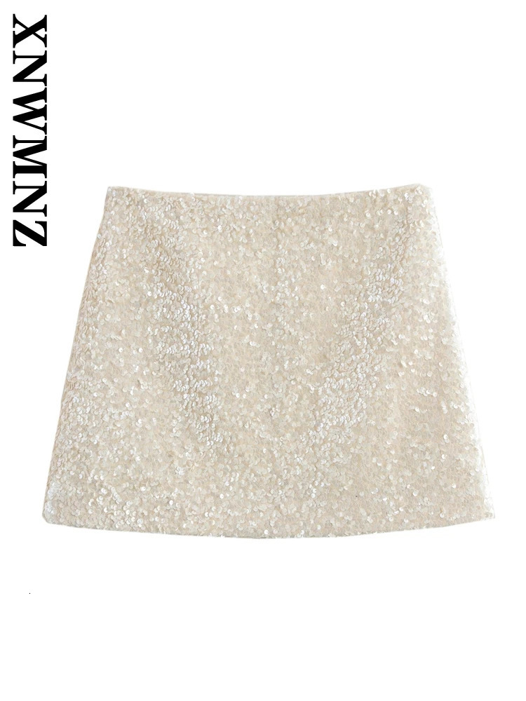 XNWMNZ Autumn Lady Casual Bottoms High Waist Evening Party Womans Side Zipper Mini Skirt Ruffles Regular Fit Sequins 250320