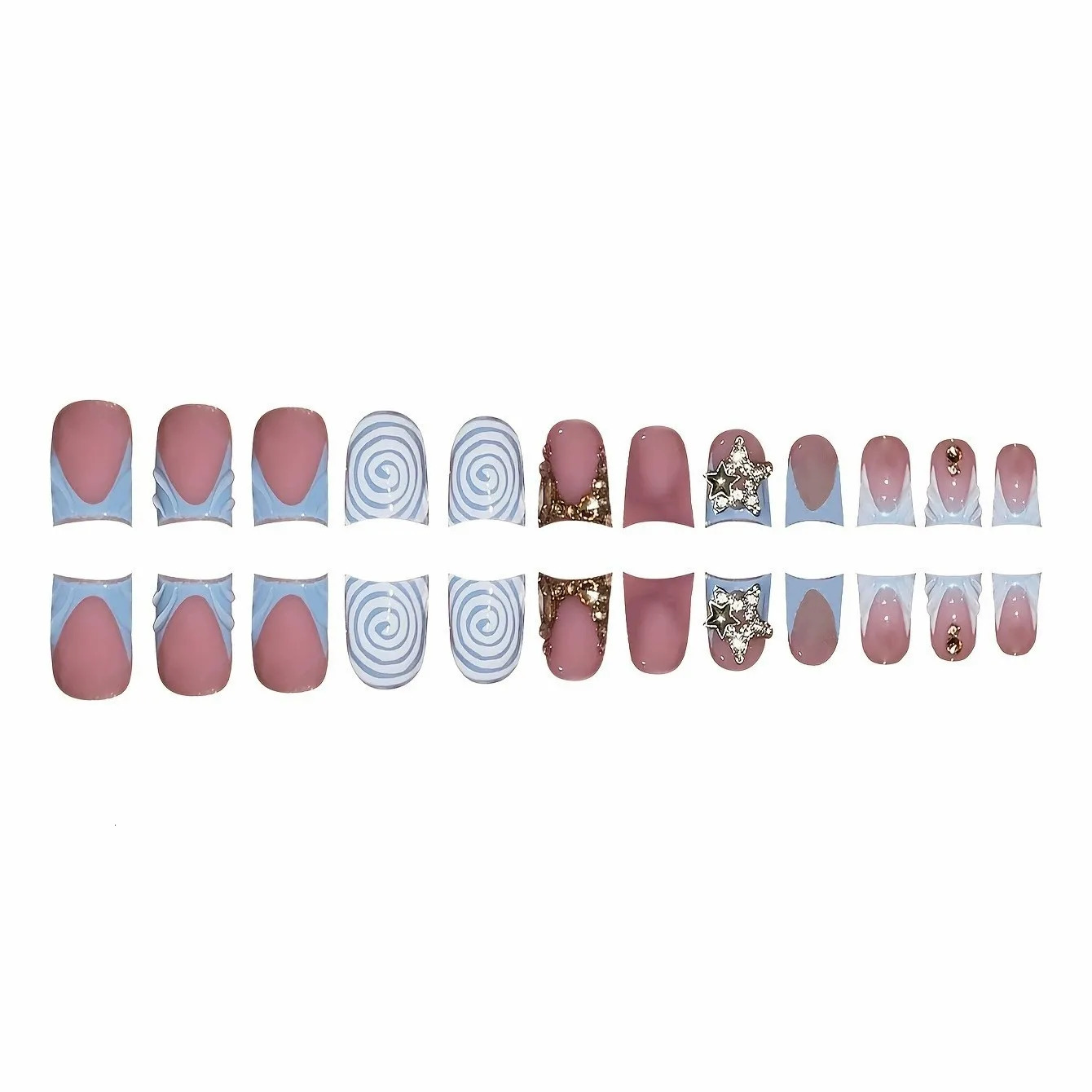 24pcs Short Duckbill False Nails Wearable Blue French Fake Nails Star Flash Rhinestones Decor Gradient y2k Nails Press On Nails 250319