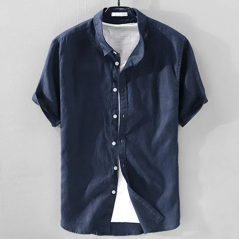 Pure Linen Short Sleeve Shirt For Men Casual Summer Half Sleeve Cotton Linen Fabric White Color Mens Wear Top 250320