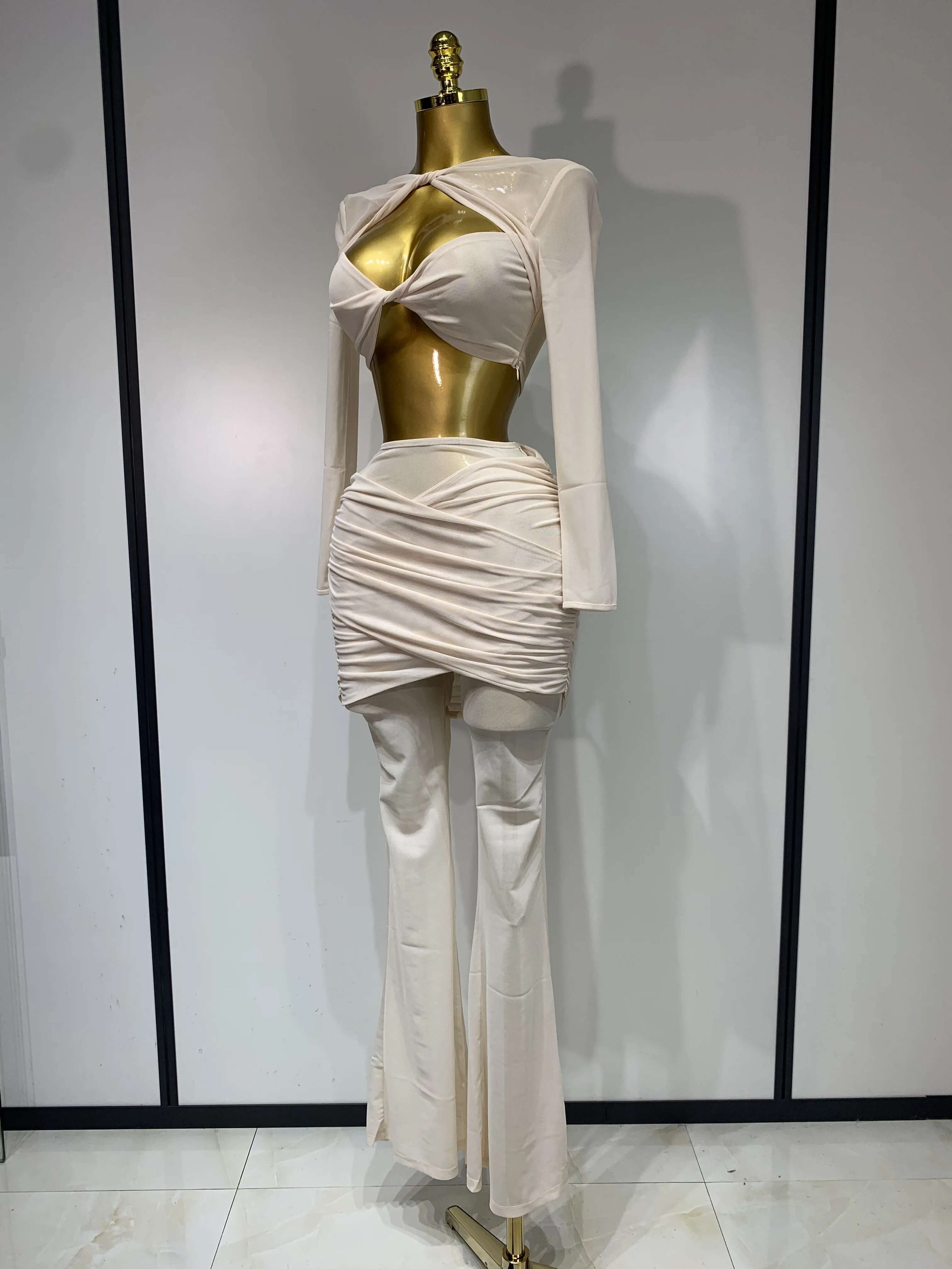Women Sexy Mesh See Through Long Sleeves Pant Sets Elegant Fashion Street Two Piece Set Club Birthday Evening Party Outfit