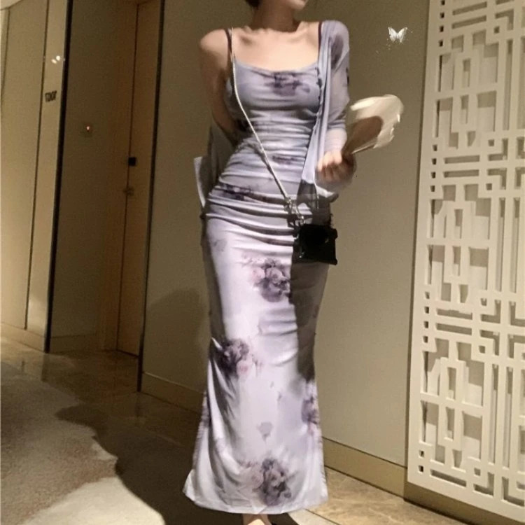 Vintage Rose Tie Dyed Slim Fit Strap Dresses Y2k E-Girl Long Sleeve Sun Protection Tops Women Summer Two Piece Sets 250320