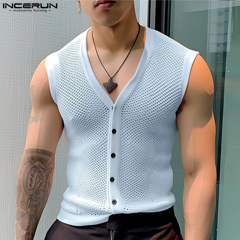 Fashion casual style top INCERUN mens personalized hollow mesh vest summer sexy mens selling V-neck sleeveless vest S-5XL 250318