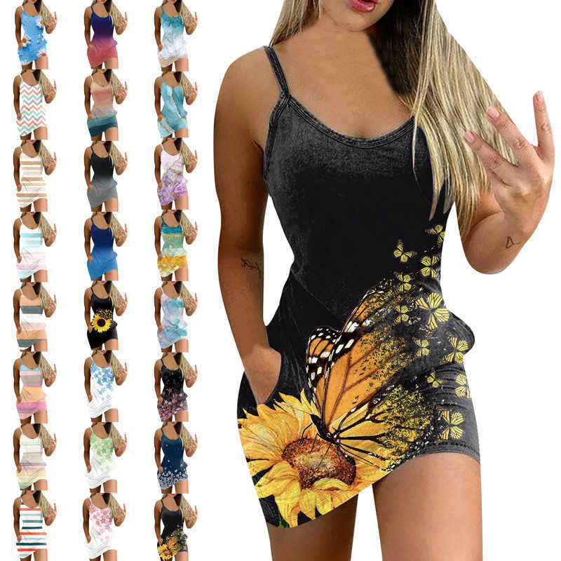 Women's sexy slim print suspender dress 250315