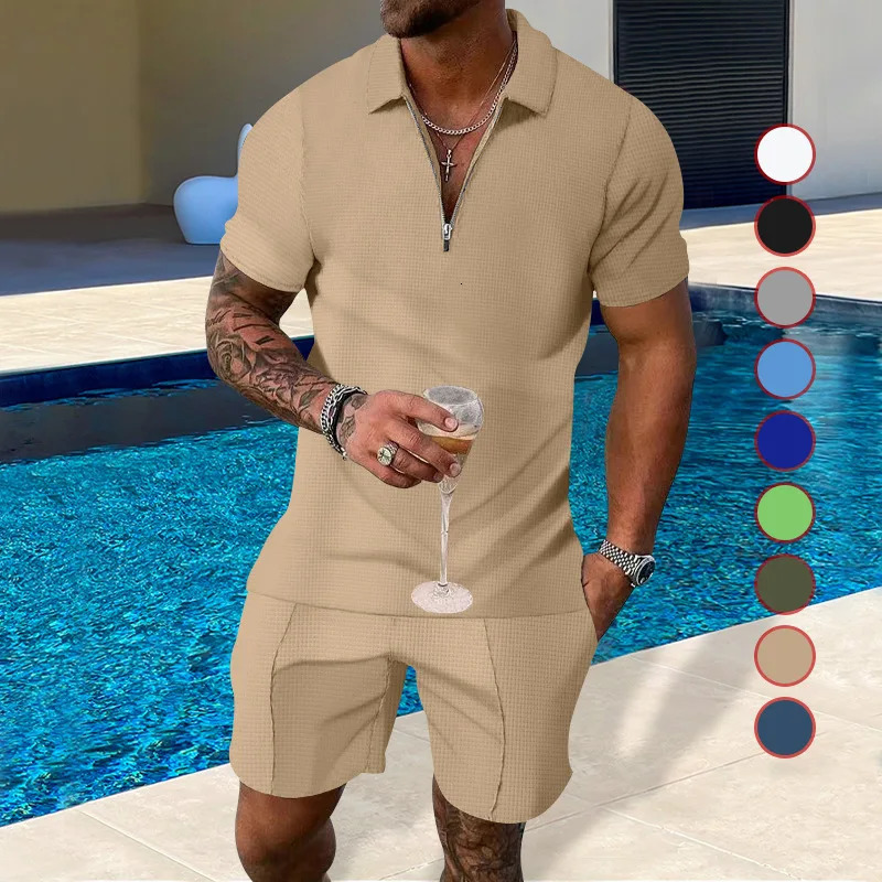 Summer mens light mature casual solid color waffle polo shirt mens half zipper short sleeved set 250318