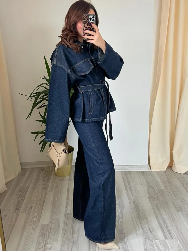 Fashion Denim Jacket Pants Set Women With Belt Lapel Button Jackets High Waist Straight Trousers Spring Lady Pockets Outfit 250320