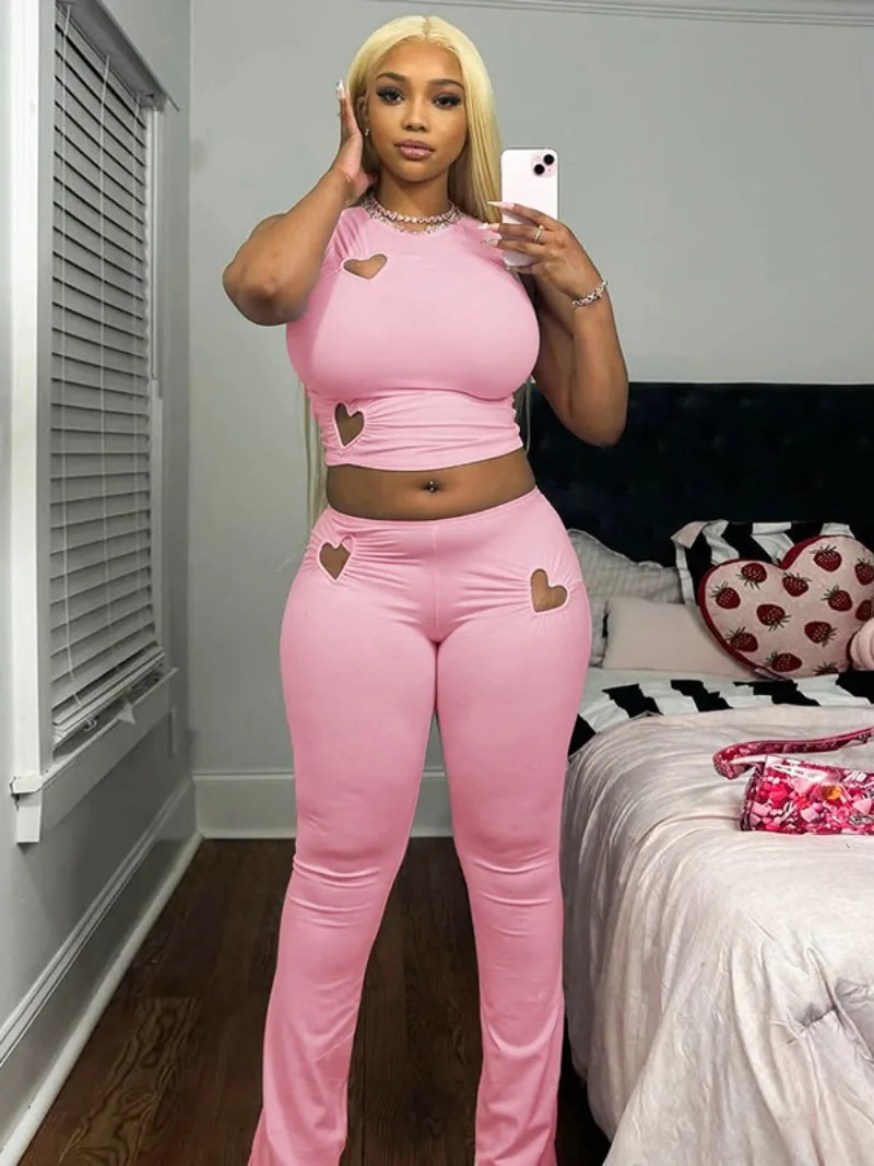 Womens Loving Heart Cut Out Pink Tracksuits 2025 Chic Sleeveless T-shirt Top and Pants 2 Pieces Set Holiday Outfit Streetwear 250320
