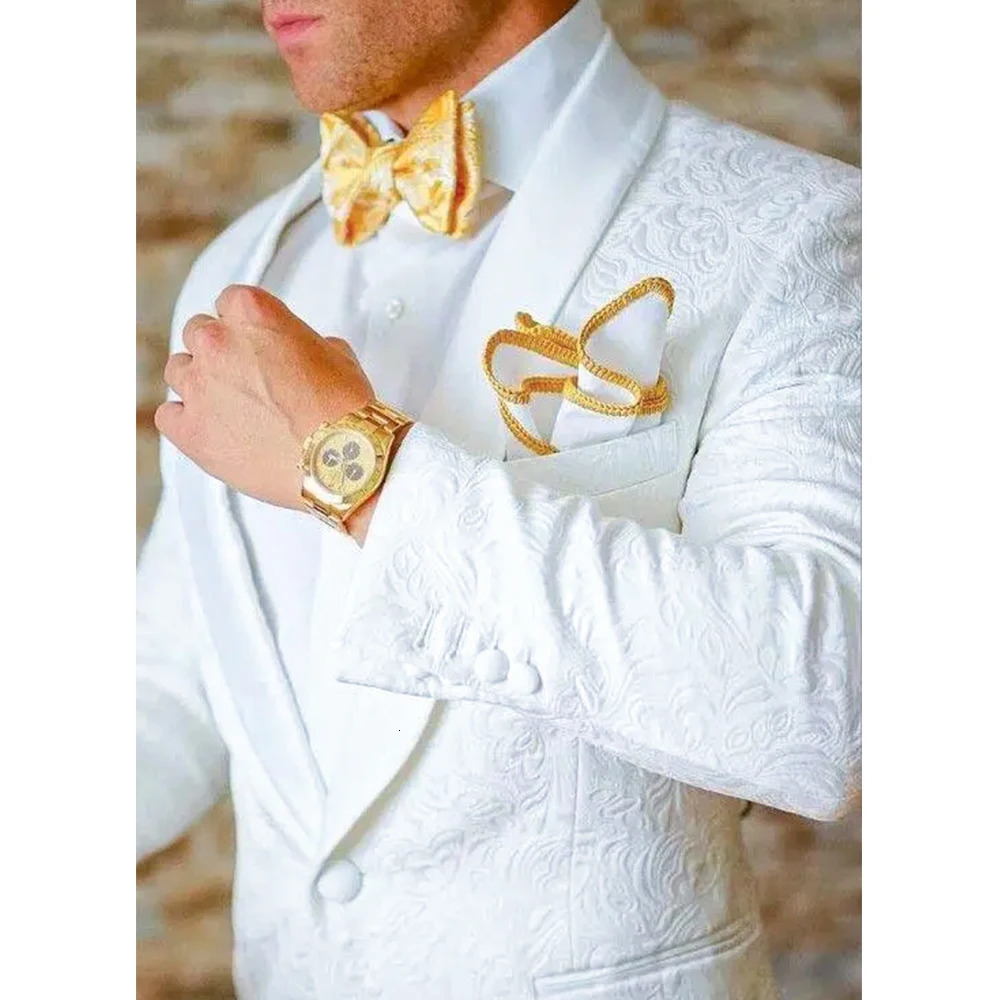 White jacquard wedding mens shawl lapel single corset 2piece set jacket pants elegant clothing 250311