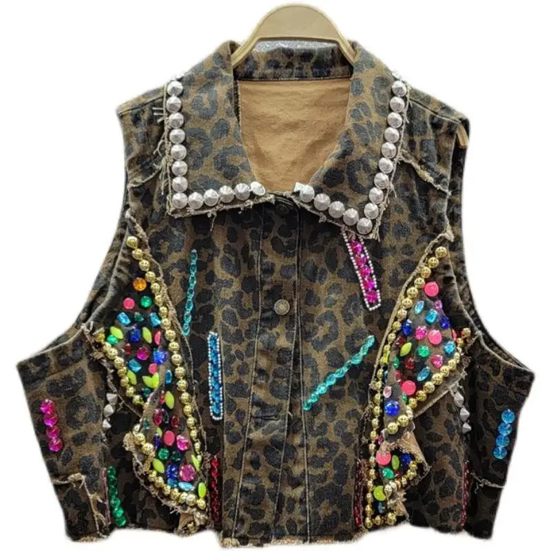 Women Leopard Print Sequined Denim Vest Summer Sleeveless Rivets Jeans Coat High Waist Rhinestones Jacket Waistcoat Crop Tops 250320
