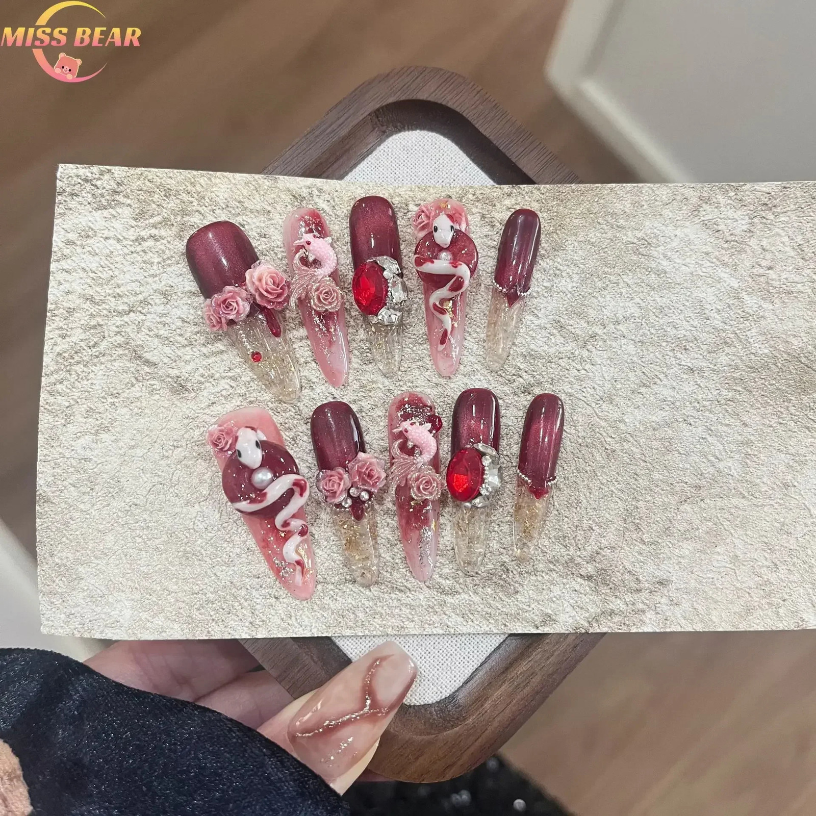 Handmade Beautiful Y2k Press on Nails Years Cat Eye Premium Red with Full Cover Long Coffin Acrylic Nail Tip 250319