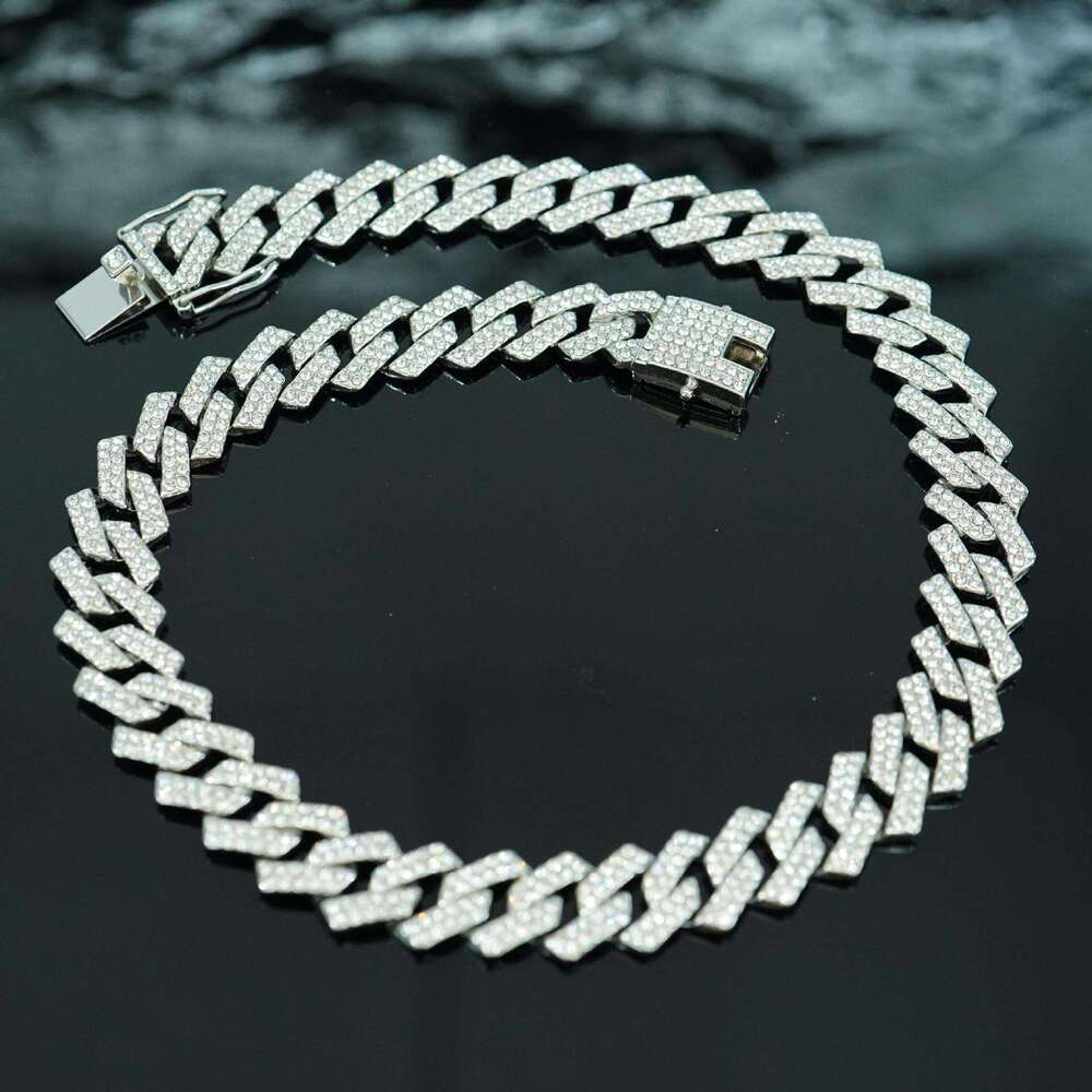 15mm alloy full dia Cuban chain men's double row quadrilateral hip-hop necklace accessory gift for man